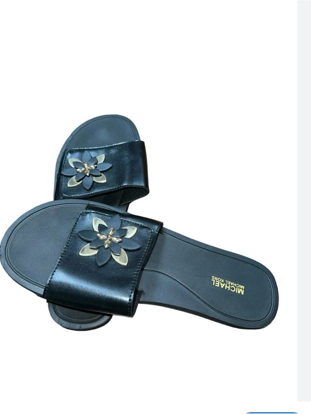 Michael Kors Black Slide Sandals with Gold Floral Detail